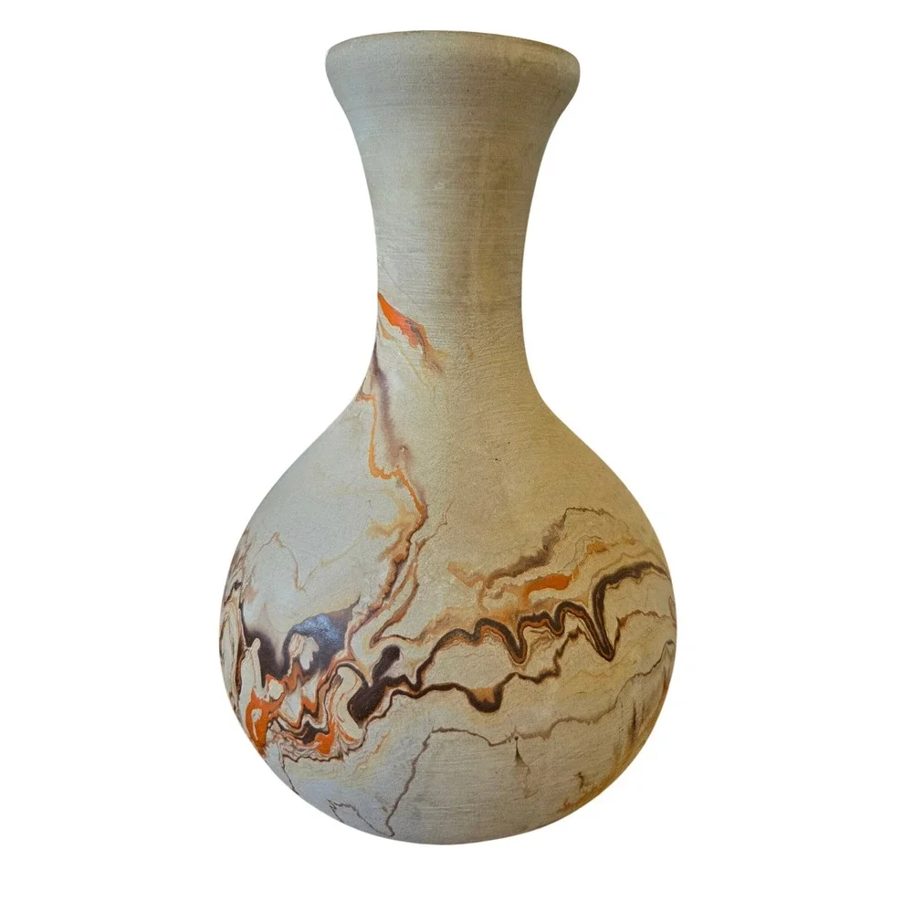 Nemadji Pottery Marbled Bud Vase Earth Tone Swirl Orange Brown USA Folk Art 6.5